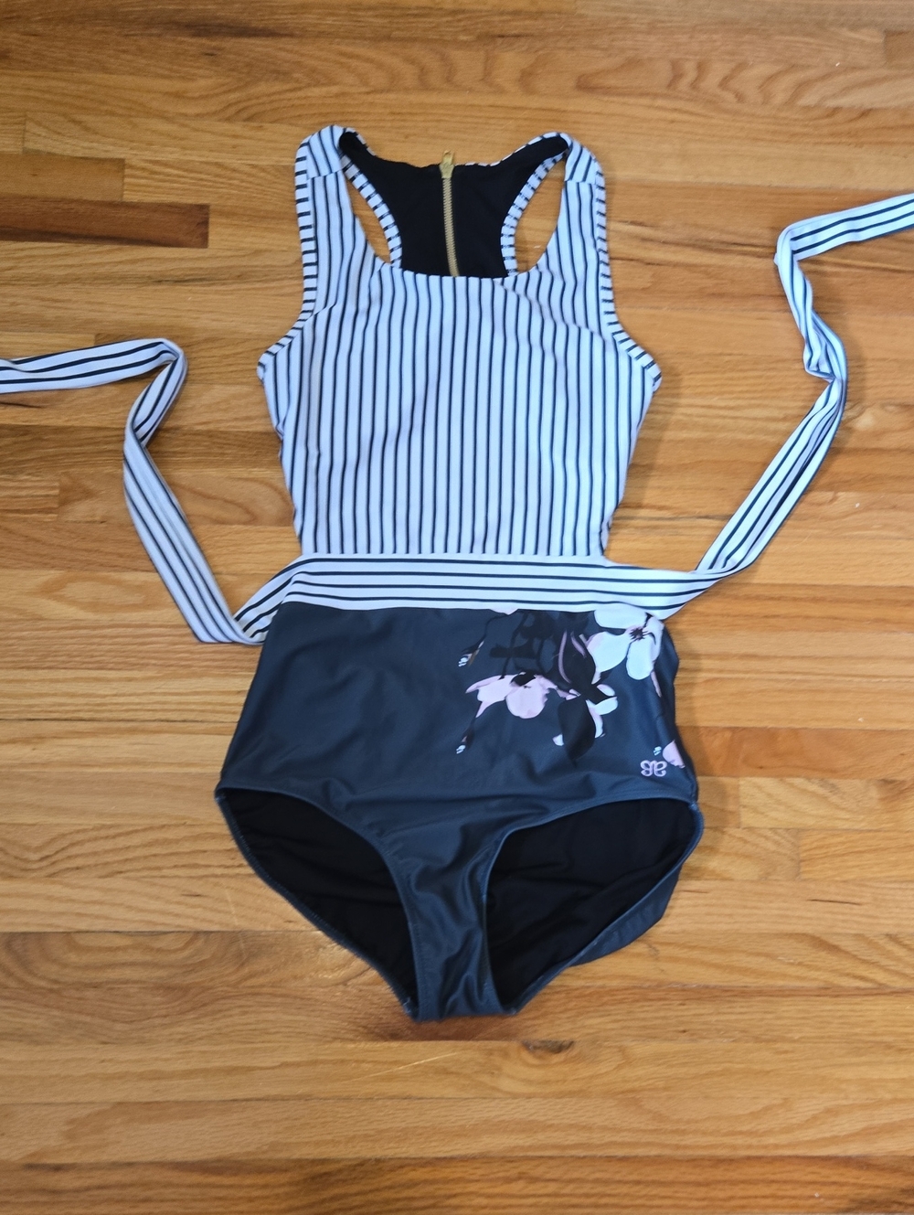 Albion Striped & Floral One-Piece Swimsuit in White, Black, Pink